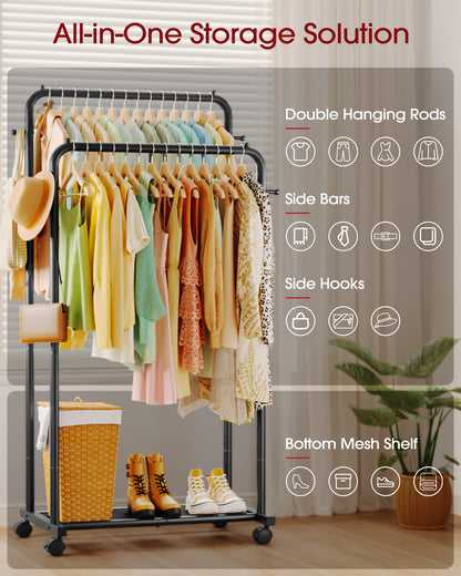 Sakugi Clothes Rack - Double Rods Clothing Rack with Mesh Shelf, Hooks & Wheels, Metal Clothing Racks for Hanging Clothes & Bags, Multifunctional Garment Rack for Laundry, Living Room