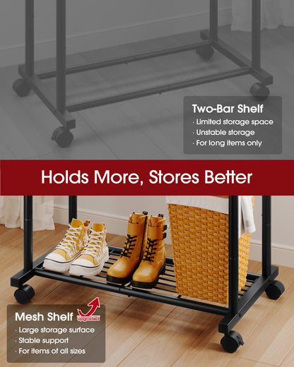 Sakugi Clothes Rack - Double Rods Clothing Rack with Mesh Shelf, Hooks & Wheels, Metal Clothing Racks for Hanging Clothes & Bags, Multifunctional Garment Rack for Laundry, Living Room