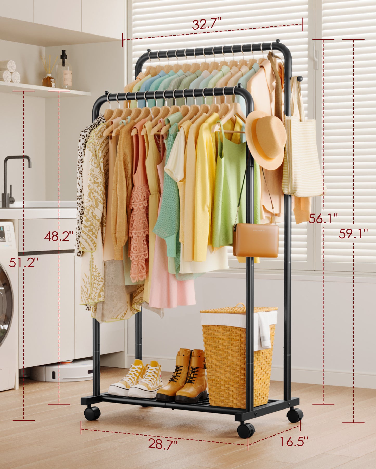 Sakugi Clothes Rack - Double Rods Clothing Rack with Mesh Shelf, Hooks & Wheels, Metal Clothing Racks for Hanging Clothes & Bags, Multifunctional Garment Rack for Laundry, Living Room