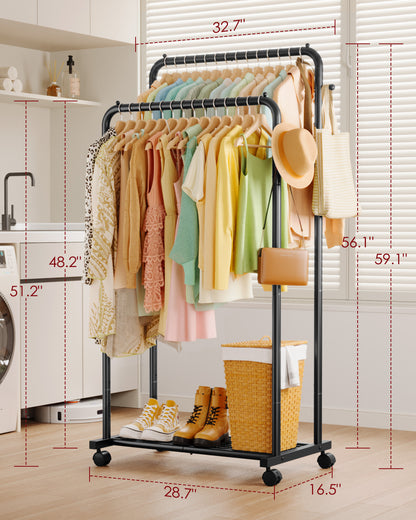 Sakugi Clothes Rack - Double Rods Clothing Rack with Mesh Shelf, Hooks & Wheels, Metal Clothing Racks for Hanging Clothes & Bags, Multifunctional Garment Rack for Laundry, Living Room
