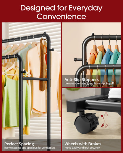 Sakugi Clothes Rack - Double Rods Clothing Rack with Mesh Shelf, Hooks & Wheels, Metal Clothing Racks for Hanging Clothes & Bags, Multifunctional Garment Rack for Laundry, Living Room