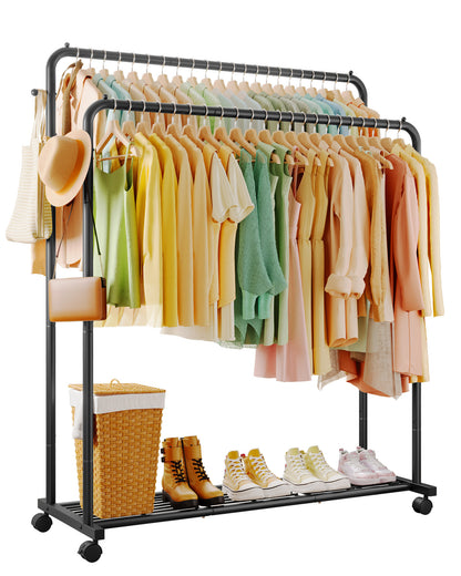 Sakugi Clothes Rack, Double-Rod Garment Rack with Hooks & Mesh Shlef, Versatile Clothing Racks for Hanging Clothes, Hats, Bags, Portable Hanger for Bedroom, Laundry, 32.7"×16"×59.1", Black