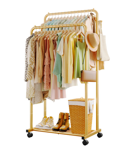 Sakugi Clothes Rack - Double Rods Clothing Rack with Mesh Shelf, Hooks & Wheels, Metal Clothing Racks for Hanging Clothes & Bags, Multifunctional Garment Rack for Laundry, Living Room