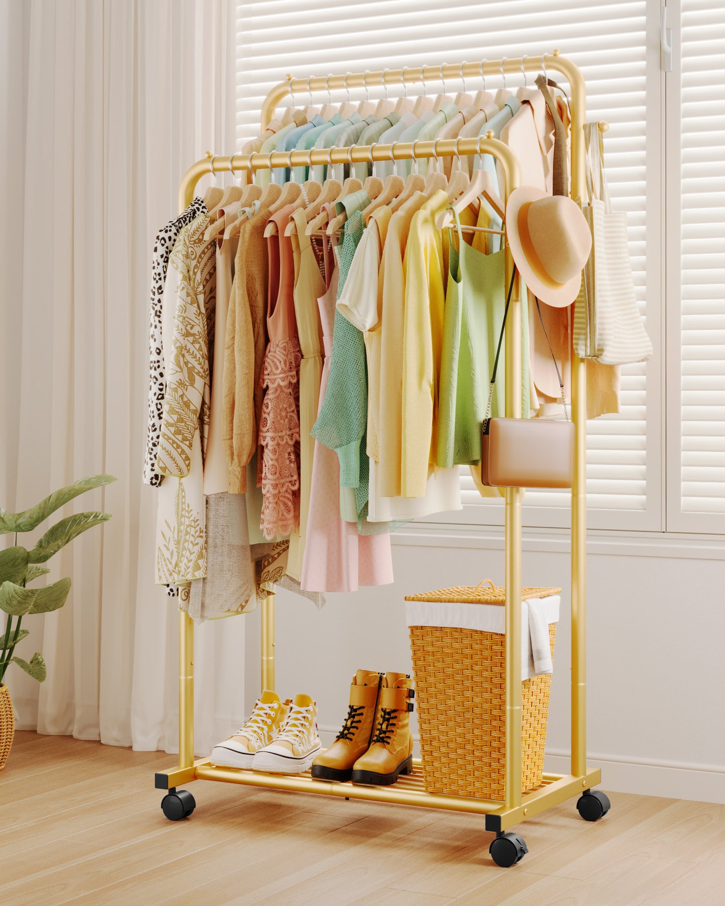 Sakugi Clothes Rack - Double Rods Clothing Rack with Mesh Shelf, Hooks & Wheels, Metal Clothing Racks for Hanging Clothes & Bags, Multifunctional Garment Rack for Laundry, Living Room