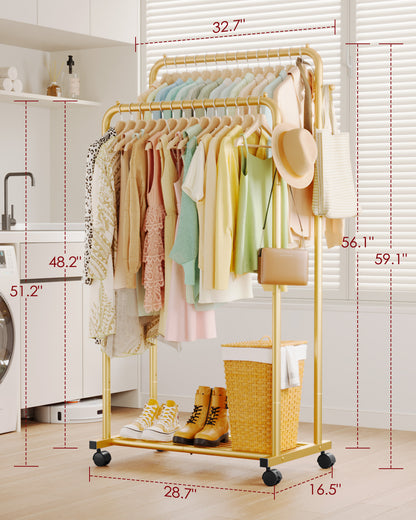 Sakugi Clothes Rack - Double Rods Clothing Rack with Mesh Shelf, Hooks & Wheels, Metal Clothing Racks for Hanging Clothes & Bags, Multifunctional Garment Rack for Laundry, Living Room