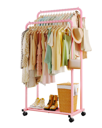 Sakugi Clothes Rack - Double Rods Clothing Rack with Mesh Shelf, Hooks & Wheels, Metal Clothing Racks for Hanging Clothes & Bags, Multifunctional Garment Rack for Laundry, Living Room