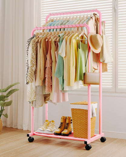Sakugi Clothes Rack - Double Rods Clothing Rack with Mesh Shelf, Hooks & Wheels, Metal Clothing Racks for Hanging Clothes & Bags, Multifunctional Garment Rack for Laundry, Living Room