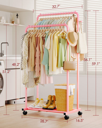 Sakugi Clothes Rack - Double Rods Clothing Rack with Mesh Shelf, Hooks & Wheels, Metal Clothing Racks for Hanging Clothes & Bags, Multifunctional Garment Rack for Laundry, Living Room