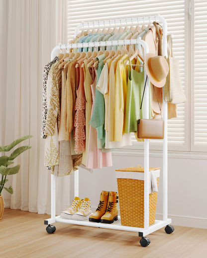 Sakugi Clothes Rack - Double Rods Clothing Rack with Mesh Shelf, Hooks & Wheels, Metal Clothing Racks for Hanging Clothes & Bags, Multifunctional Garment Rack for Laundry, Living Room