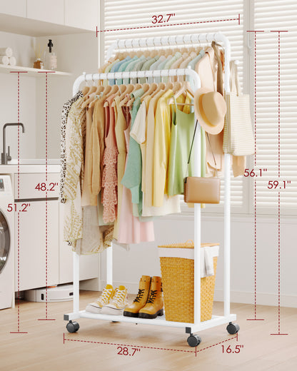 Sakugi Clothes Rack - Double Rods Clothing Rack with Mesh Shelf, Hooks & Wheels, Metal Clothing Racks for Hanging Clothes & Bags, Multifunctional Garment Rack for Laundry, Living Room