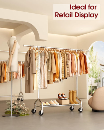 Heavy Duty Clothes Rack - Garment Rack with Extendable Side Rods & Bottom Shoe Shelf, 25mm Stainless Steel Frame with Wheels, 49.8–74.8'' x 62.6'' x 16.5'', Silver