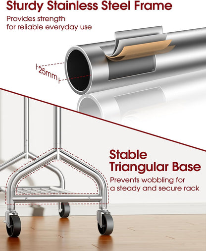 Heavy Duty Clothes Rack - Garment Rack with Extendable Side Rods & Bottom Shoe Shelf, 25mm Stainless Steel Frame with Wheels, 49.8–74.8'' x 62.6'' x 16.5'', Silver