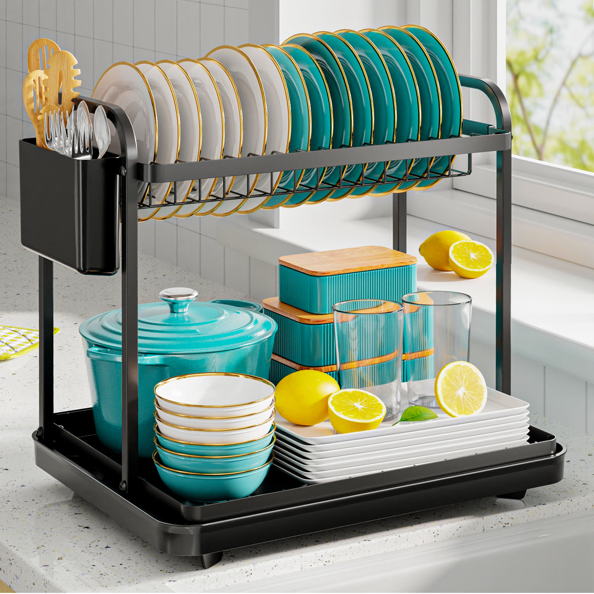 Sakugi Dish Drying Rack, 2-Tier Stainless Steel Dish Racks, Dish Drainer for Kitchen Counter, Black