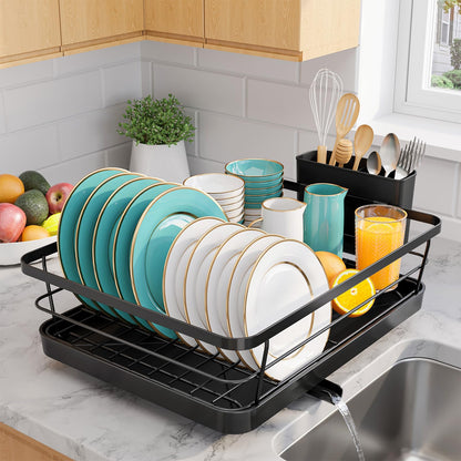 Sakugi Stainless Steel Dish Drying Rack for Kitchen Counter, Sink Organization and Storage Essentials with Silverware & Utensil Holder, Home and Apartment Decor