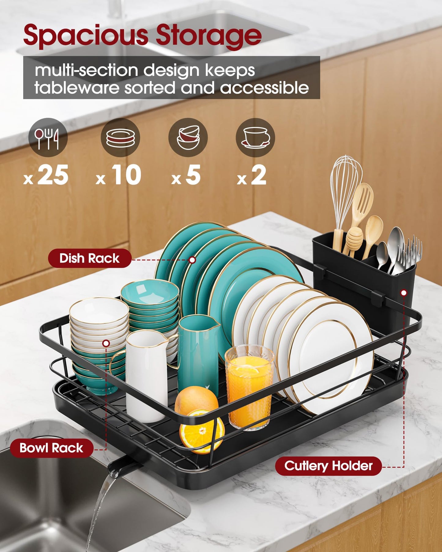 Sakugi Stainless Steel Dish Drying Rack for Kitchen Counter, Sink Organization and Storage Essentials with Silverware & Utensil Holder, Home and Apartment Decor