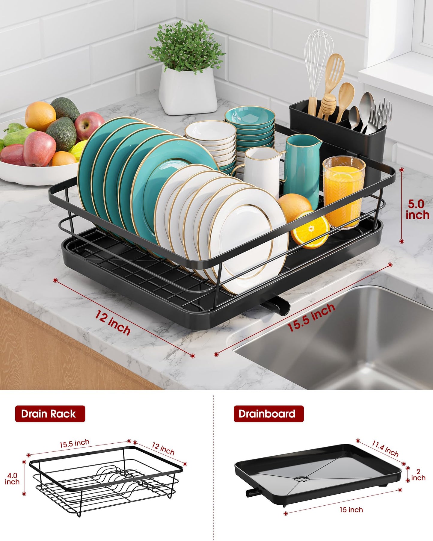 Sakugi Stainless Steel Dish Drying Rack for Kitchen Counter, Sink Organization and Storage Essentials with Silverware & Utensil Holder, Home and Apartment Decor