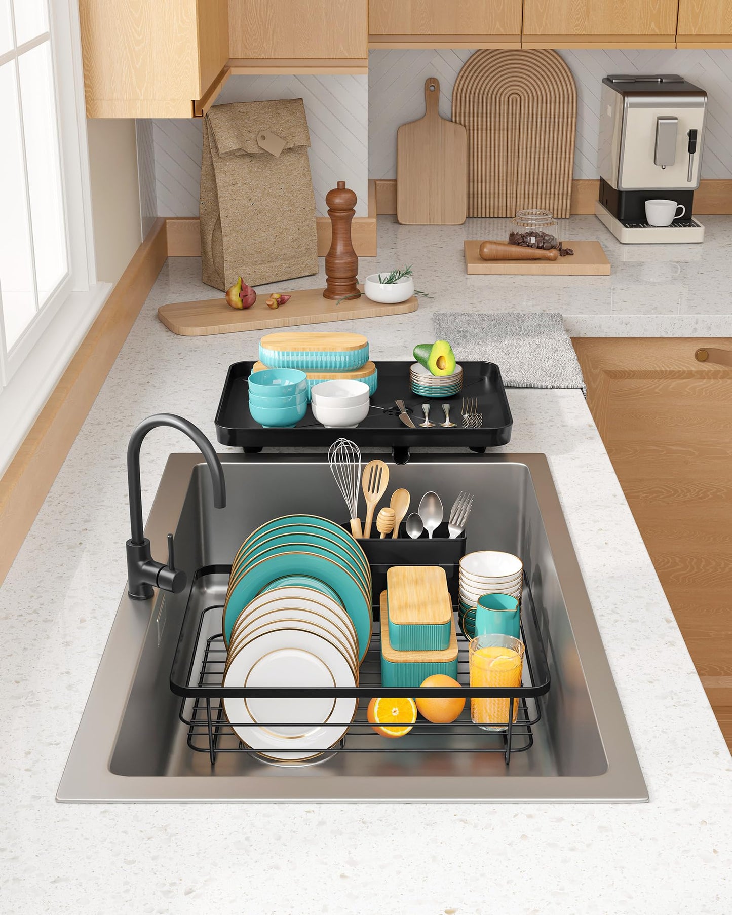Sakugi Stainless Steel Dish Drying Rack for Kitchen Counter, Sink Organization and Storage Essentials with Silverware & Utensil Holder, Home and Apartment Decor