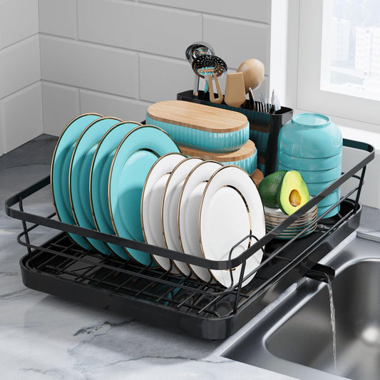 Sakugi Dish Drying Rack - Stainless Steel Dish Rack with Drainboard for Kitchen Counter and Sink, 15.6" D x 12" W x 5" H, Black