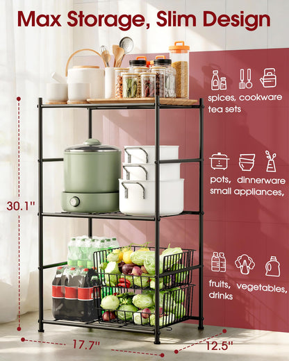 Sakugi 3 Tier Metal Storage Shelf Heavy Duty Organizer Rack for Bathroom Kitchen Bedroom, Adjustable Shelving Unit for Space Saving Home Storage, Easy Assembly, Black