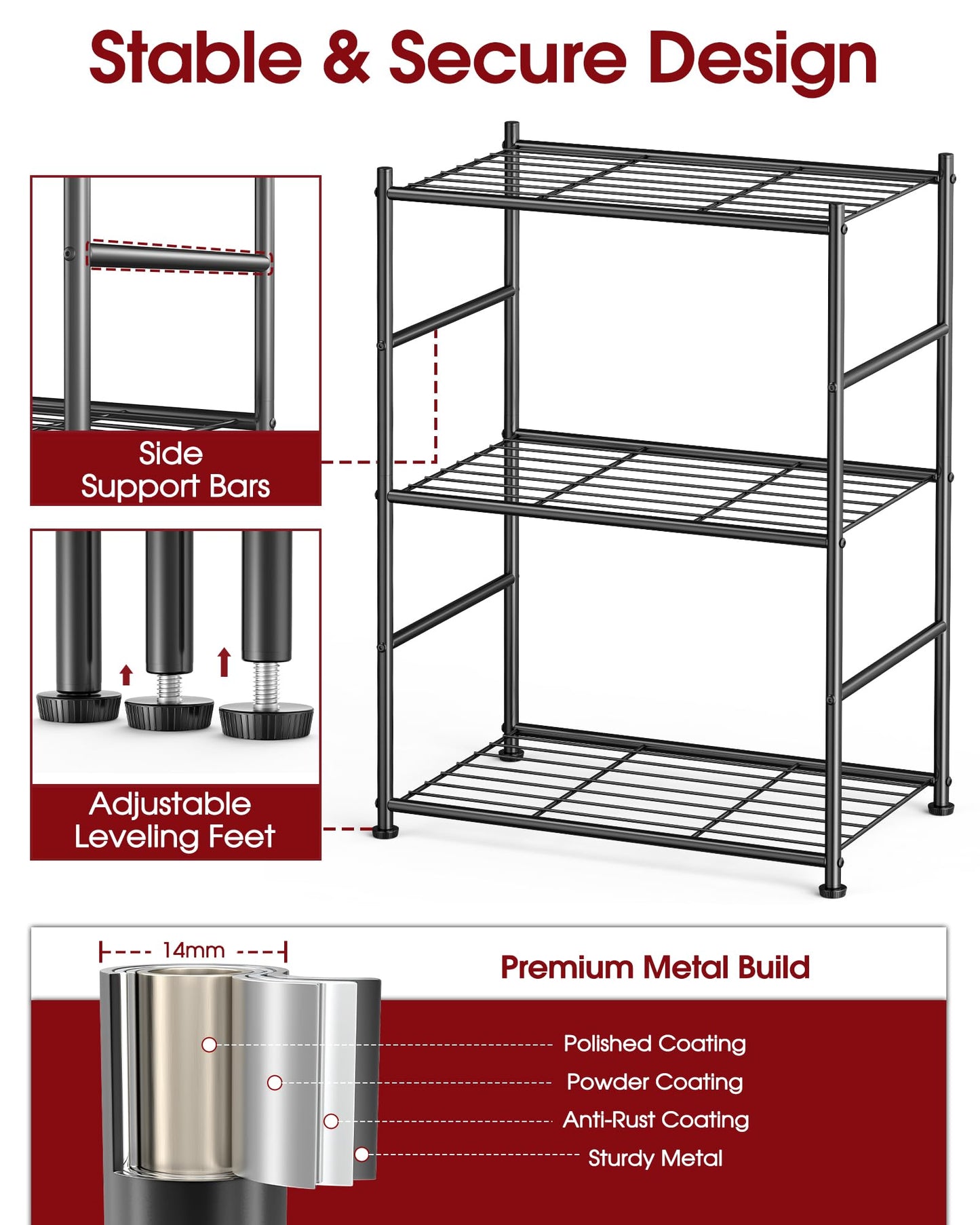 Sakugi 3 Tier Metal Storage Shelf Heavy Duty Organizer Rack for Bathroom Kitchen Bedroom, Adjustable Shelving Unit for Space Saving Home Storage, Easy Assembly, Black