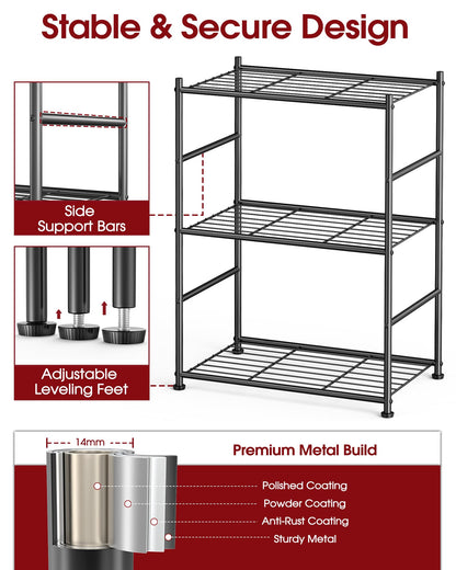 Sakugi 3 Tier Metal Storage Shelf Heavy Duty Organizer Rack for Bathroom Kitchen Bedroom, Adjustable Shelving Unit for Space Saving Home Storage, Easy Assembly, Black