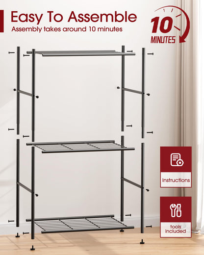 Sakugi 3 Tier Metal Storage Shelf Heavy Duty Organizer Rack for Bathroom Kitchen Bedroom, Adjustable Shelving Unit for Space Saving Home Storage, Easy Assembly, Black