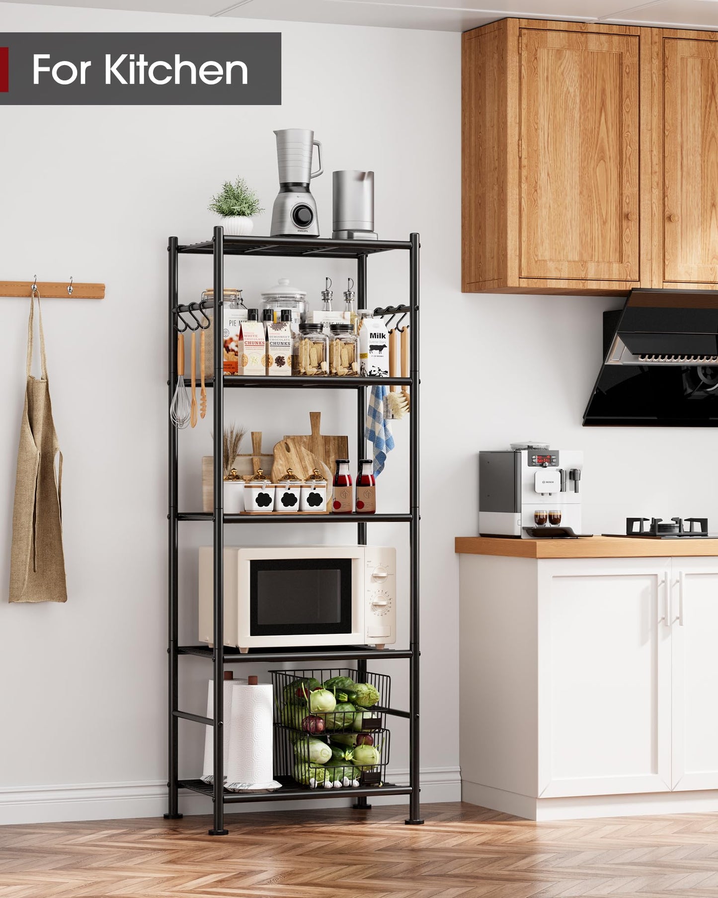 Sakugi Storage Shelves - 5-Tier Large Capacity Shelf Organizer with Hooks, Heavy-Duty Garage Shelving with Leveling Feet, Wobble-Free Rack for Bedroom, Balcony, Garage, 18.1"×12.4"×56.8", Black