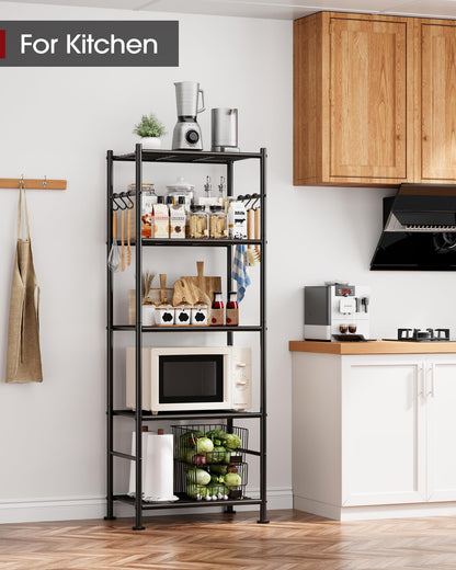 Sakugi Storage Shelves - 5-Tier Large Capacity Shelf Organizer with Hooks, Heavy-Duty Garage Shelving with Leveling Feet, Wobble-Free Rack for Bedroom, Balcony, Garage, 18.1"×12.4"×56.8", Black