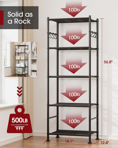 Sakugi Storage Shelves - 5-Tier Large Capacity Shelf Organizer with Hooks, Heavy-Duty Garage Shelving with Leveling Feet, Wobble-Free Rack for Bedroom, Balcony, Garage, 18.1"×12.4"×56.8", Black
