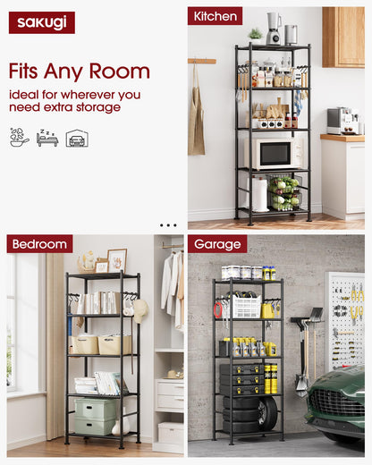Sakugi Storage Shelves - 5-Tier Large Capacity Shelf Organizer with Hooks, Heavy-Duty Garage Shelving with Leveling Feet, Wobble-Free Rack for Bedroom, Balcony, Garage, 18.1"×12.4"×56.8", Black