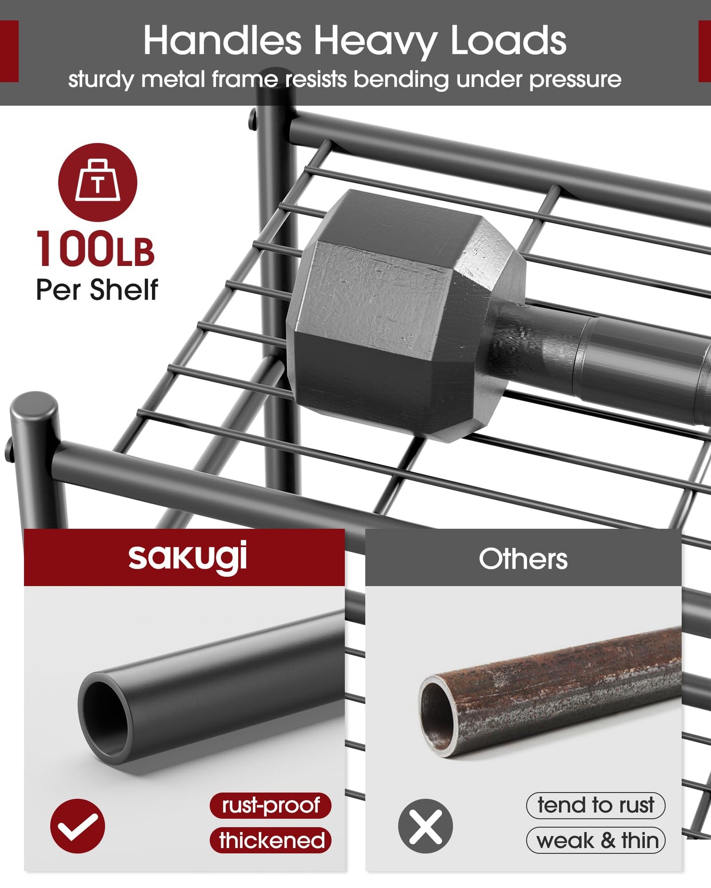 Sakugi 5-Tier Heavy Duty Wire Shelving Unit, 47.2 x 12.6 x 60.8 Inches, 1000 lb Capacity, Black