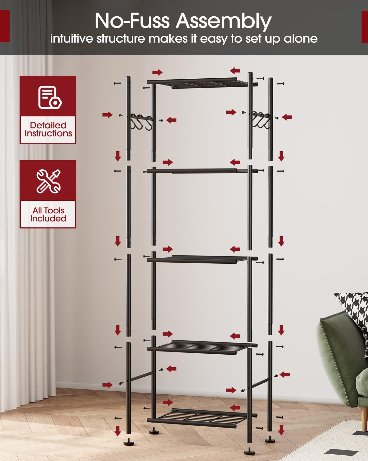 Sakugi Storage Shelves - 5-Tier Large Capacity Shelf Organizer with Hooks, Heavy-Duty Garage Shelving with Leveling Feet, Wobble-Free Rack for Bedroom, Balcony, Garage, 18.1"×12.4"×56.8", Black