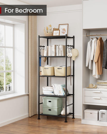 Sakugi Storage Shelves - 5-Tier Large Capacity Shelf Organizer with Hooks, Heavy-Duty Garage Shelving with Leveling Feet, Wobble-Free Rack for Bedroom, Balcony, Garage, 18.1"×12.4"×56.8", Black