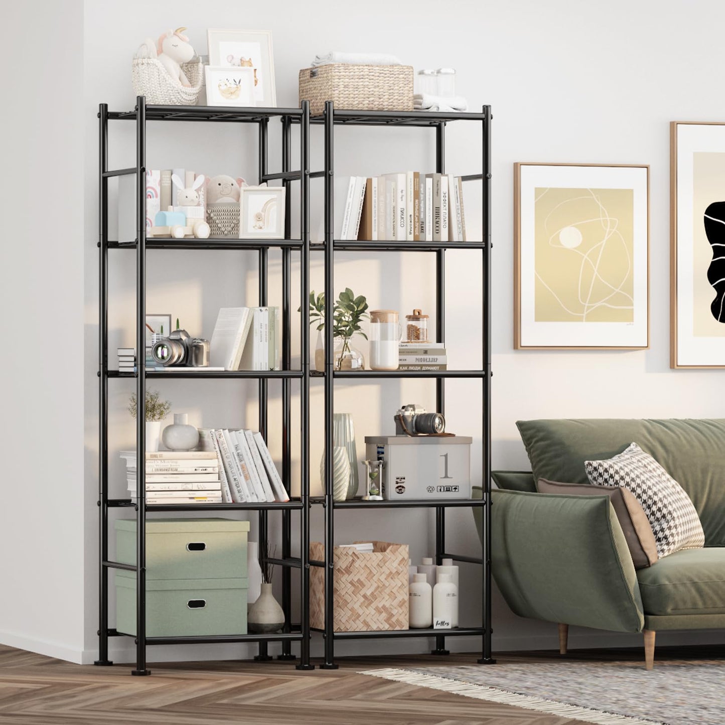 Sakugi Storage Shelves - Set of 2, 5-Tier Metal Shelf Organizer, Space-Saving Garage Shelving with Leveling Feet, Standing Shelves Organizer for Kitchen, Laundry, Pantry (18.4" x 12.6" x 57.4", Black)