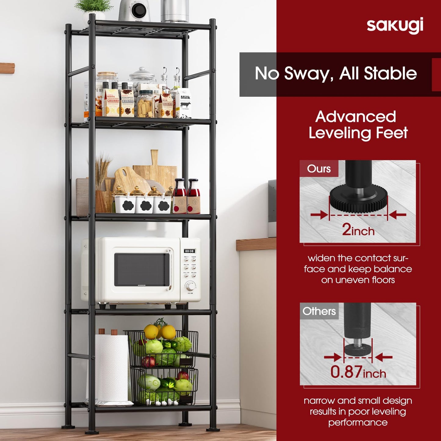 Sakugi Storage Shelves - Set of 2, 5-Tier Metal Shelf Organizer, Space-Saving Garage Shelving with Leveling Feet, Standing Shelves Organizer for Kitchen, Laundry, Pantry (18.4" x 12.6" x 57.4", Black)
