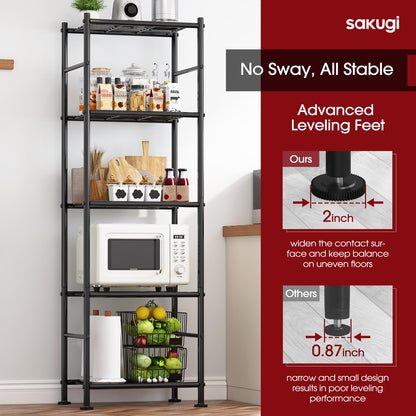 Sakugi Storage Shelves - Set of 2, 5-Tier Metal Shelf Organizer, Space-Saving Garage Shelving with Leveling Feet, Standing Shelves Organizer for Kitchen, Laundry, Pantry (18.4" x 12.6" x 57.4", Black)