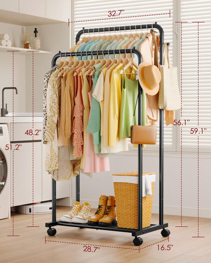 Sakugi Clothes Rack - Double Rods Clothing Rack with Mesh Shelf, Hooks & Wheels, Metal Clothing Racks for Hanging Clothes & Bags, Multifunctional Garment Rack for Laundry, Black, 28.7" x 16.5" x 59.1"
