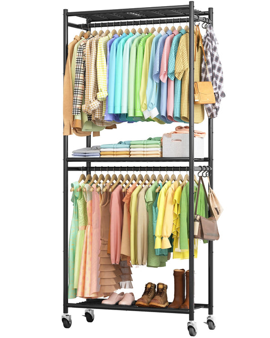 Sakugi Clothes Rack - 33.0" x 12.2" x 79.5" Clothing Rack with Shelves & Wheels, Multi-Functional Wardrobe Closet with Hooks, Sturdy Metal Garment Rack for Bedroom, Laundry, Balcony (Black)