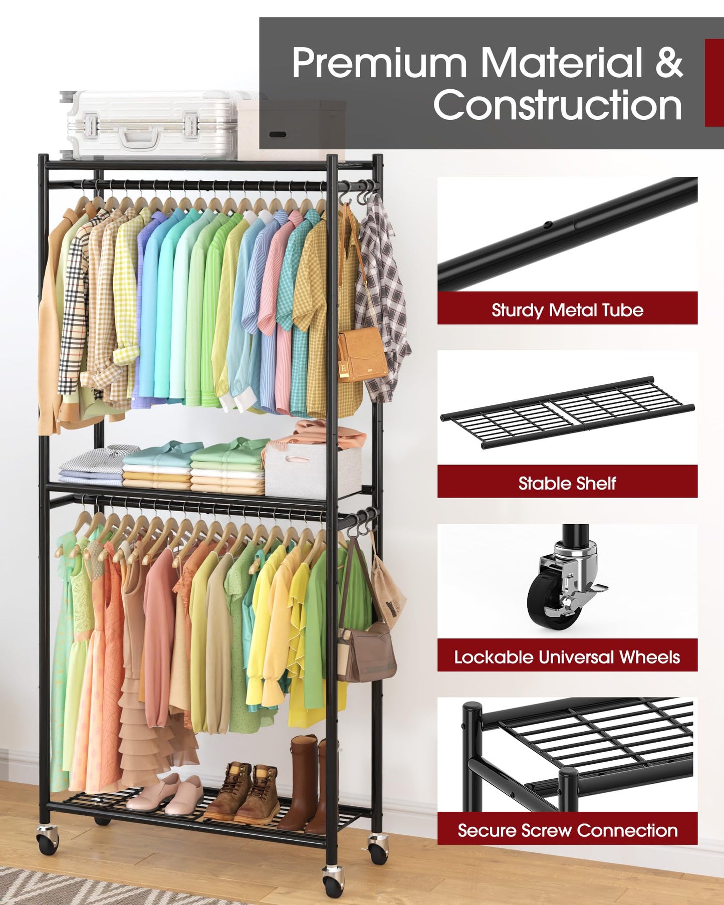 Sakugi Clothes Rack - 33.0" x 12.2" x 79.5" Clothing Rack with Shelves & Wheels, Multi-Functional Wardrobe Closet with Hooks, Sturdy Metal Garment Rack for Bedroom, Laundry, Balcony (Black)