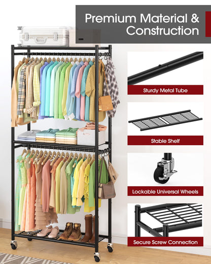 Sakugi Clothes Rack - 33.0" x 12.2" x 79.5" Clothing Rack with Shelves & Wheels, Multi-Functional Wardrobe Closet with Hooks, Sturdy Metal Garment Rack for Bedroom, Laundry, Balcony (Black)