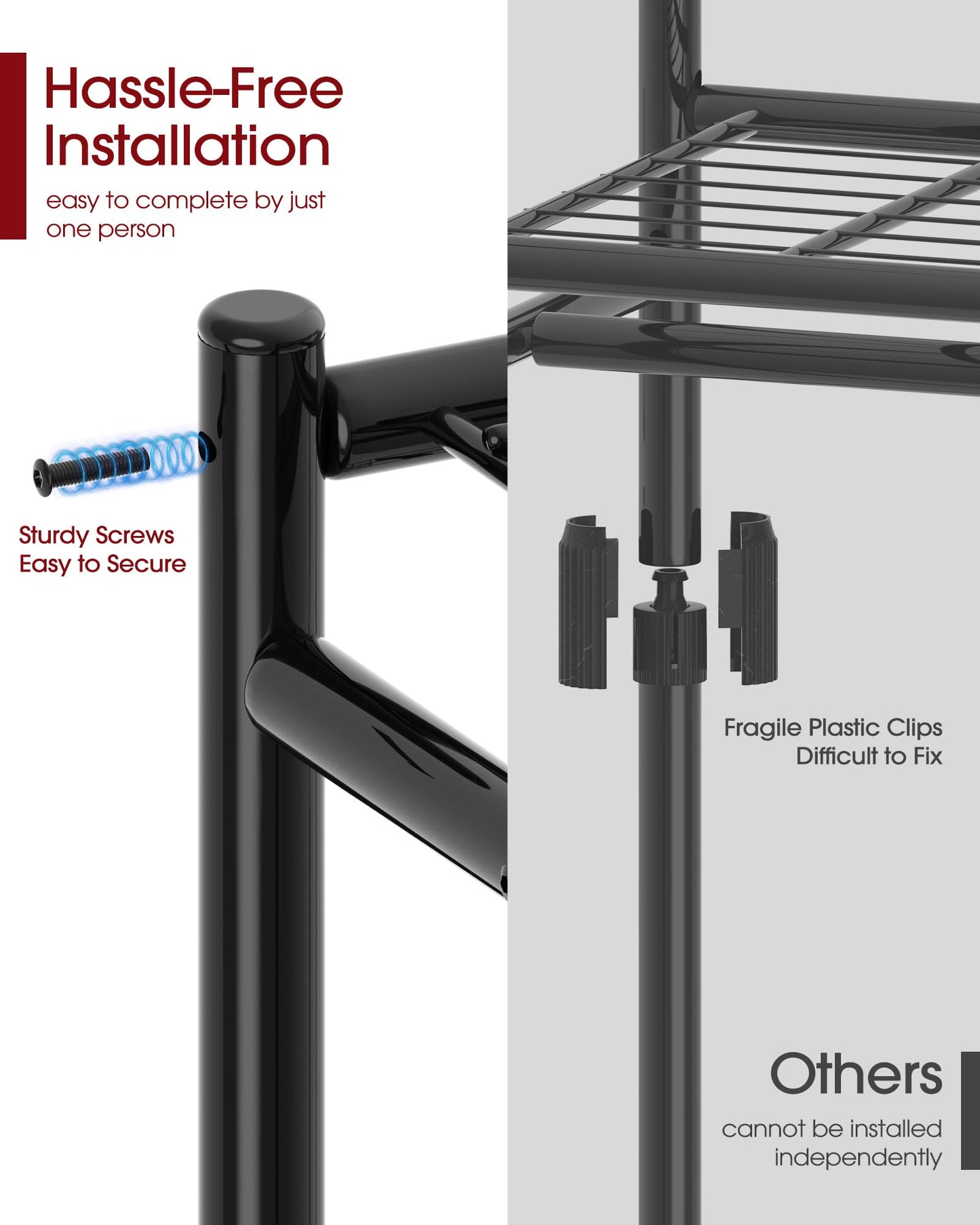 Sakugi Clothes Rack - 33.0" x 12.2" x 79.5" Clothing Rack with Shelves & Wheels, Multi-Functional Wardrobe Closet with Hooks, Sturdy Metal Garment Rack for Bedroom, Laundry, Balcony (Black)