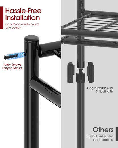 Sakugi Clothes Rack - 33.0" x 12.2" x 79.5" Clothing Rack with Shelves & Wheels, Multi-Functional Wardrobe Closet with Hooks, Sturdy Metal Garment Rack for Bedroom, Laundry, Balcony (Black)