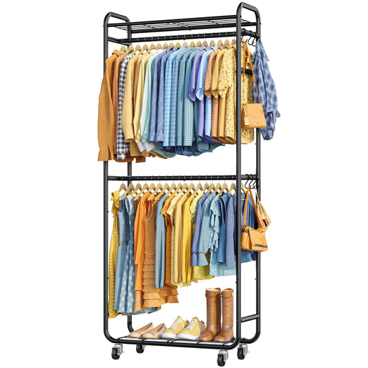 Sakugi Clothes Rack - Rust-Proof Clothing Rack with Shelves, Hangers, Removable Hooks, Anti-Tip Wardrobe Closet with Lockable Wheels & Wall Anchor for Entryways, Bedroom, 33.0" x 12.6" x 78.7", Black