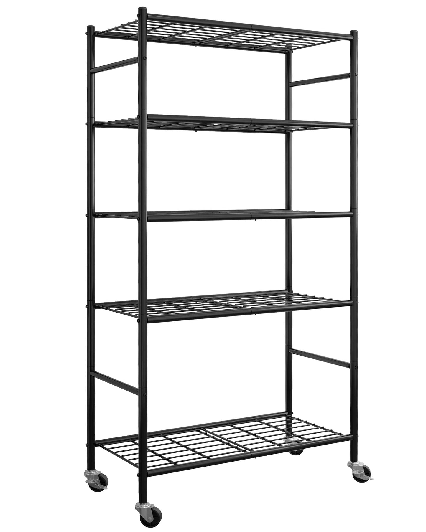 Sakugi Storage Shelves Organizer - 5 Tier Metal Shelf Organizer with Metal Wheels and Adjustable Leveling Feet, Heavy Duty Garage Shelving for Kitchen, Pantry and Closet, 33.1"x12.6"x73.5", Black