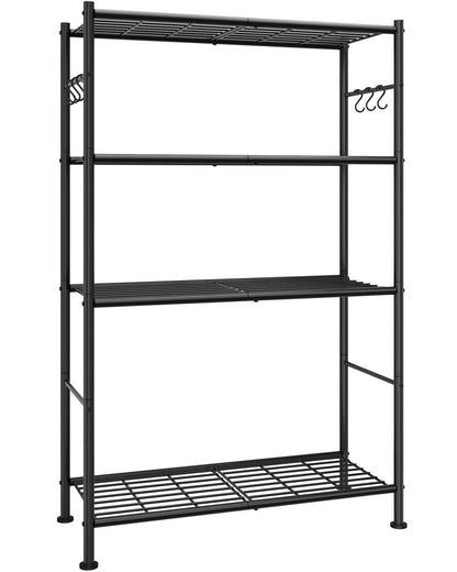 Storage Shelves - 4-Tier Spacious Shelf Organizer with Hooks & Leveling Feet, Easy to Assemble, Rust-Resistant Garage Shelving for Kitchen, Pantry, Bedroom, 33.2" x 12.7" x 57.3", Black
