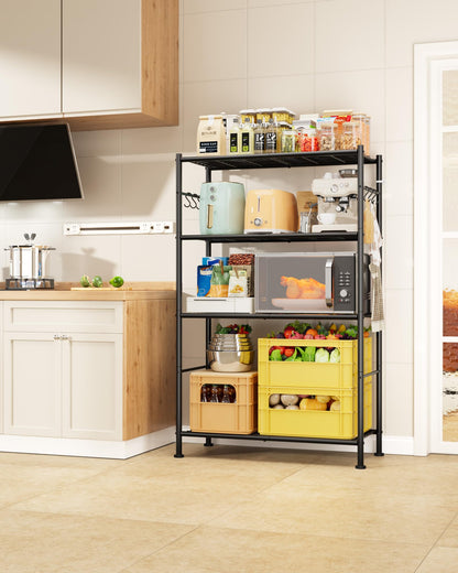 Storage Shelves - 4-Tier Spacious Shelf Organizer with Hooks & Leveling Feet, Easy to Assemble, Rust-Resistant Garage Shelving for Kitchen, Pantry, Bedroom, 33.2" x 12.7" x 57.3", Black