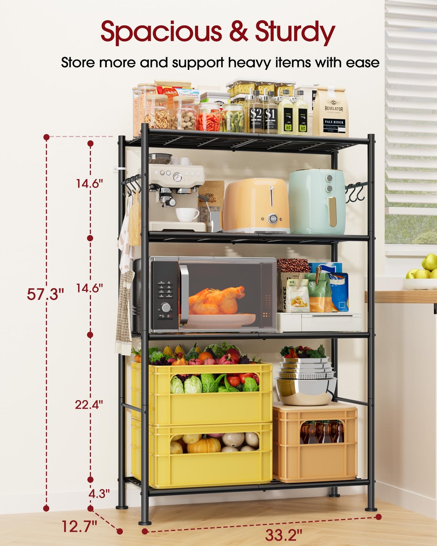 Storage Shelves - 4-Tier Spacious Shelf Organizer with Hooks & Leveling Feet, Easy to Assemble, Rust-Resistant Garage Shelving for Kitchen, Pantry, Bedroom, 33.2" x 12.7" x 57.3", Black