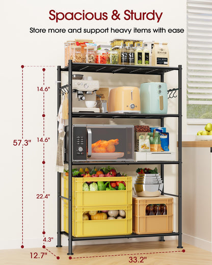 Storage Shelves - 4-Tier Spacious Shelf Organizer with Hooks & Leveling Feet, Easy to Assemble, Rust-Resistant Garage Shelving for Kitchen, Pantry, Bedroom, 33.2" x 12.7" x 57.3", Black