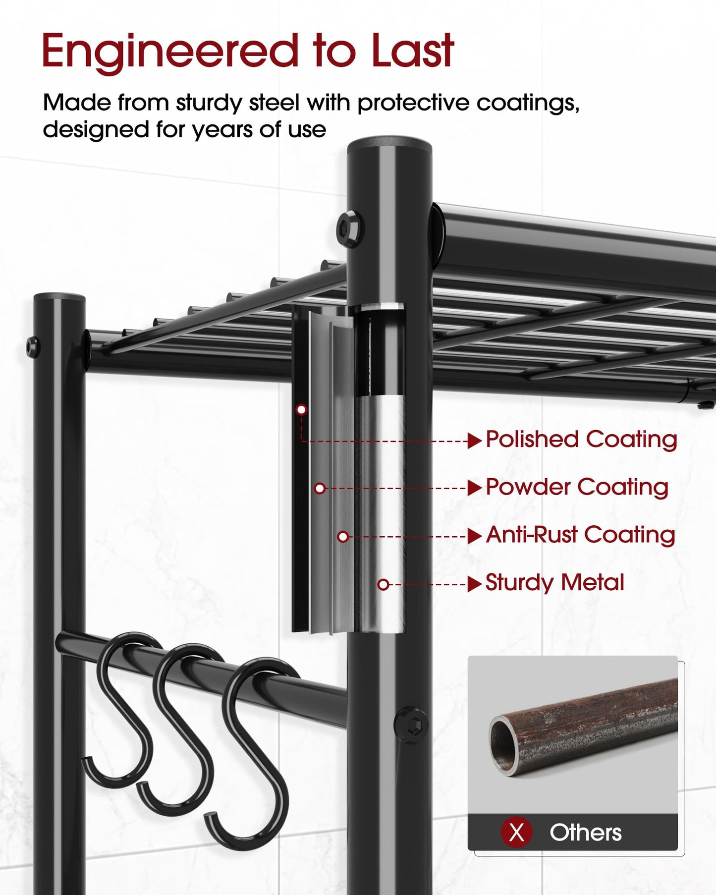 Storage Shelves - 4-Tier Spacious Shelf Organizer with Hooks & Leveling Feet, Easy to Assemble, Rust-Resistant Garage Shelving for Kitchen, Pantry, Bedroom, 33.2" x 12.7" x 57.3", Black