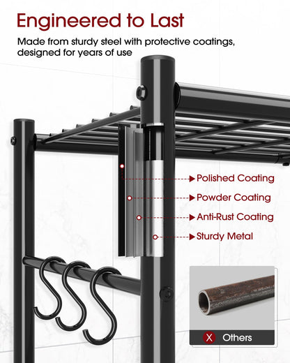 Storage Shelves - 4-Tier Spacious Shelf Organizer with Hooks & Leveling Feet, Easy to Assemble, Rust-Resistant Garage Shelving for Kitchen, Pantry, Bedroom, 33.2" x 12.7" x 57.3", Black